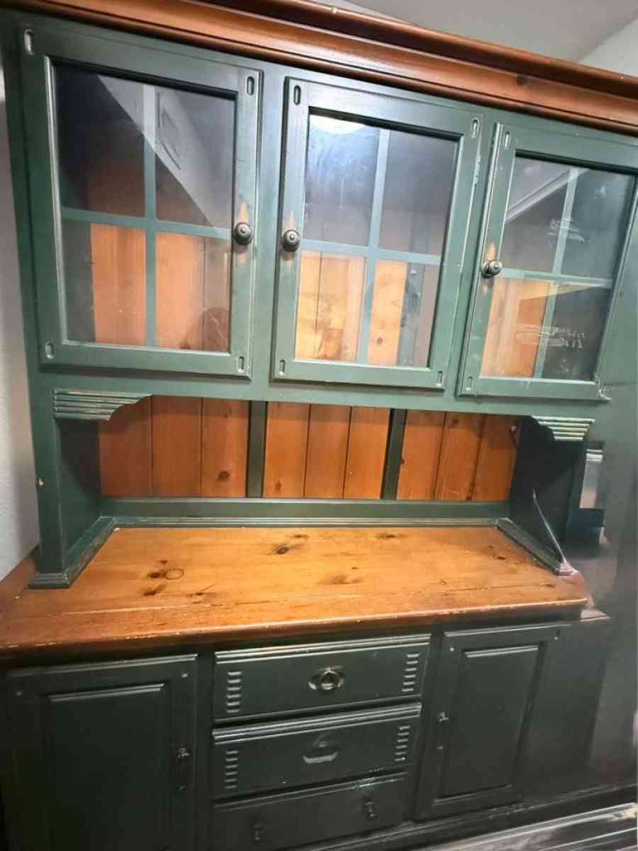 Green Wood Hutch with Glass Doors and Drawers Freestanding R - Houston, Texas - FleaMarketBay