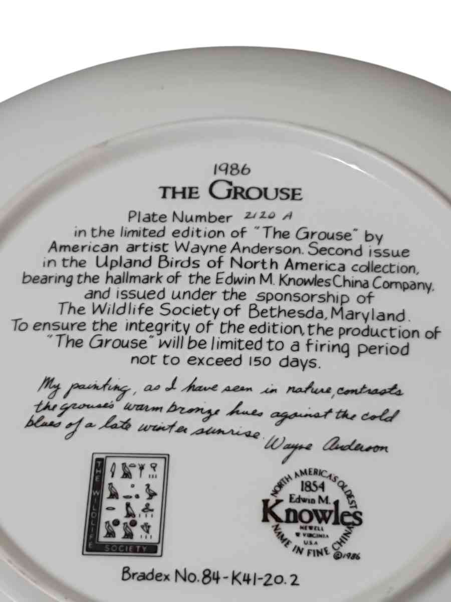 Bradford Exchange Collectors Plate  The Grouse 1986 - Toms River, New Jersey - FleaMarketBay