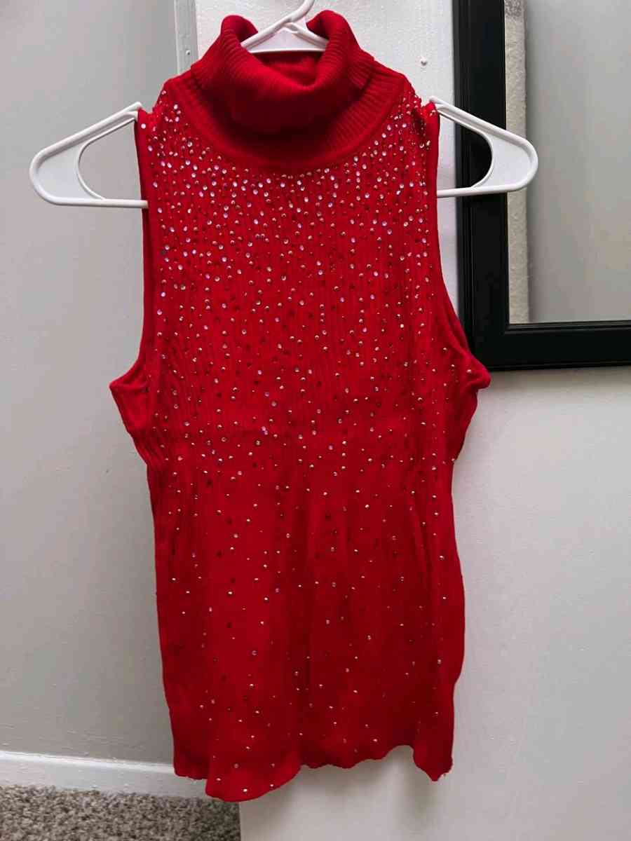 Elegant Red Ribbed Knit Turtleneck with Sparkly Crystals - Columbus, Ohio - FleaMarketBay