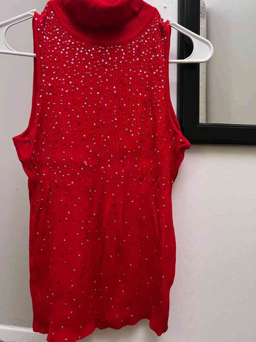 Elegant Red Ribbed Knit Turtleneck with Sparkly Crystals - Columbus, Ohio - FleaMarketBay
