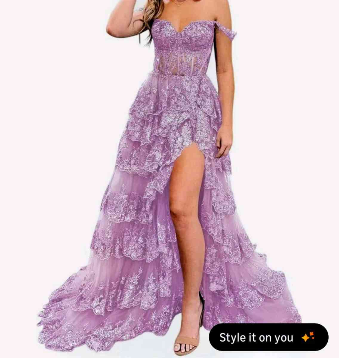 LONG LACE PROM DRESS WITH SLIT OFF THE SHOULDER LILAC COLOR - Jasper, Tennessee