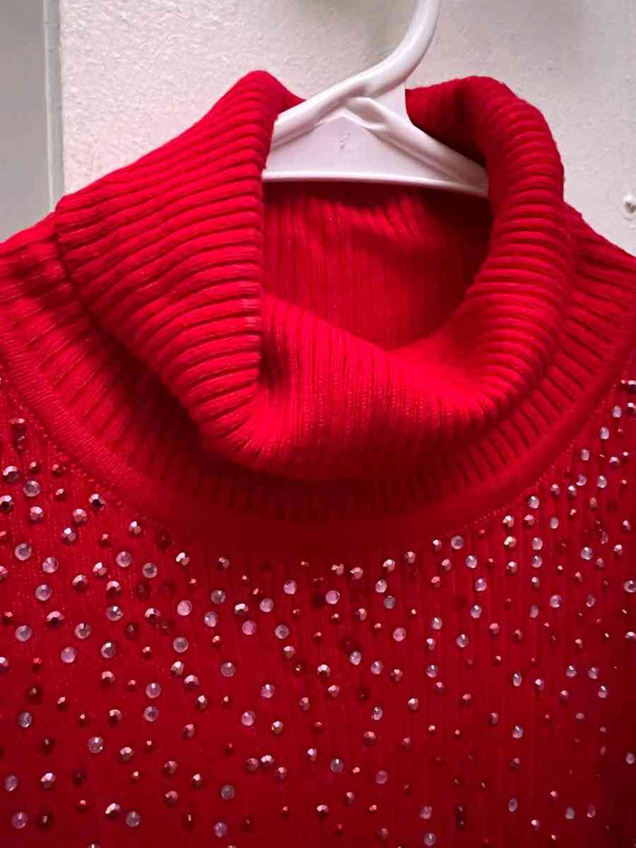 Elegant Red Ribbed Knit Turtleneck with Sparkly Crystals - Columbus, Ohio - FleaMarketBay