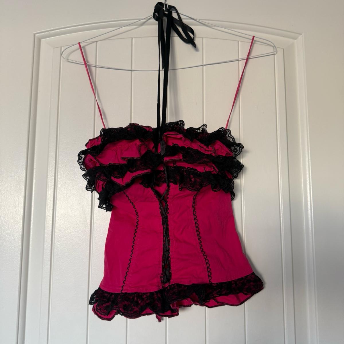 Strapless Hot Pink  Black Lace Ruffled Bustier Top  Padded - Los Angeles, California - FleaMarketBay