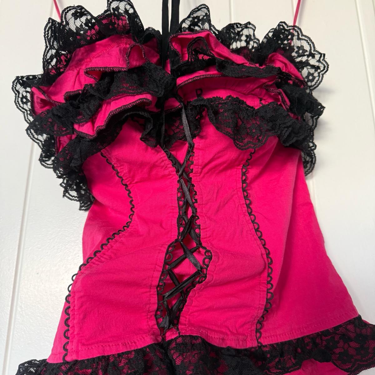 Strapless Hot Pink  Black Lace Ruffled Bustier Top  Padded - Los Angeles, California - FleaMarketBay