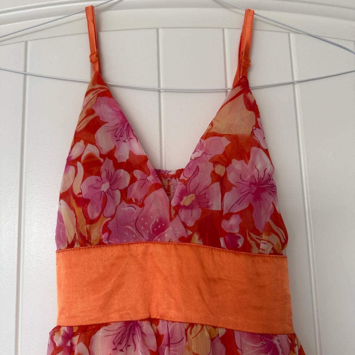 Vibrant Orange  Pink Floral Chiffon Dress with Satin Waistba - Los Angeles, California - FleaMarketBay