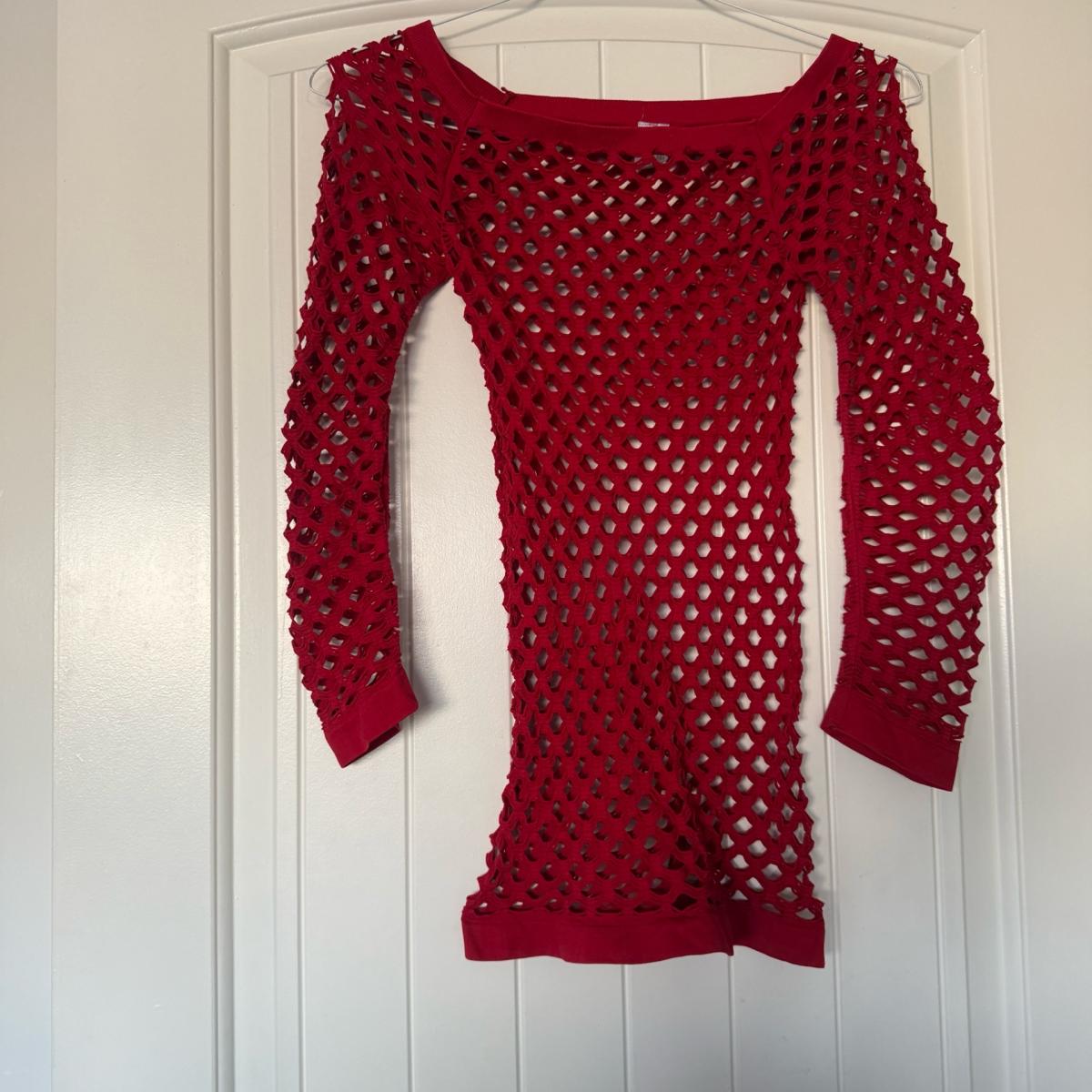 Brand New Red Openwork Knit Long Sleeve Top  Sheer Lattice - Los Angeles, California - FleaMarketBay