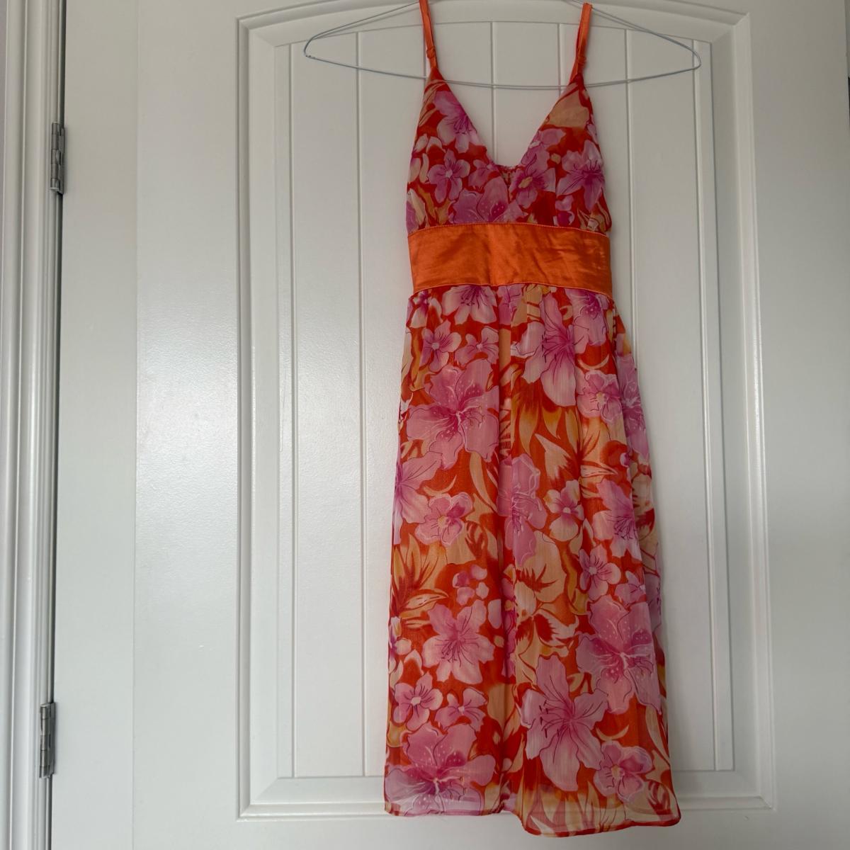 Vibrant Orange  Pink Floral Chiffon Dress with Satin Waistba - Los Angeles, California - FleaMarketBay