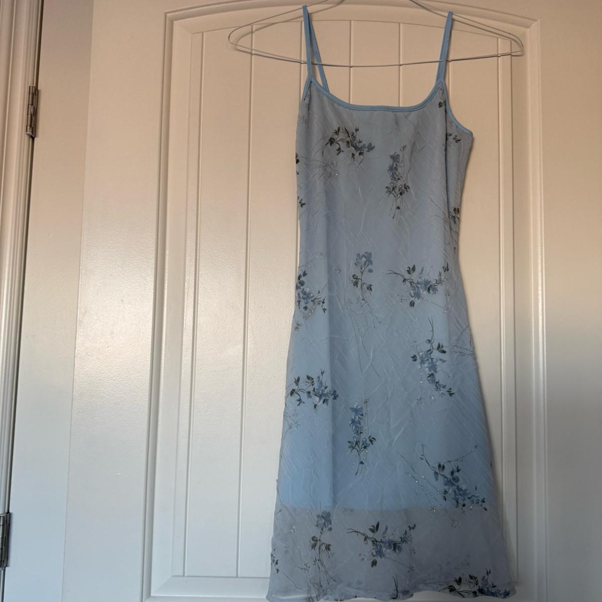 Powder Blue Soft Sky Blue Floral Chiffon Midi Dress  Subtle - Los Angeles, California - FleaMarketBay