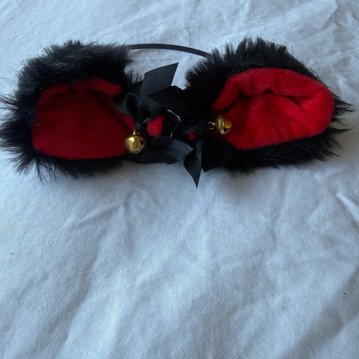 Gothic Black  Red Faux Fur Cat Ears Headband with Gold Bells - Los Angeles, California - FleaMarketBay