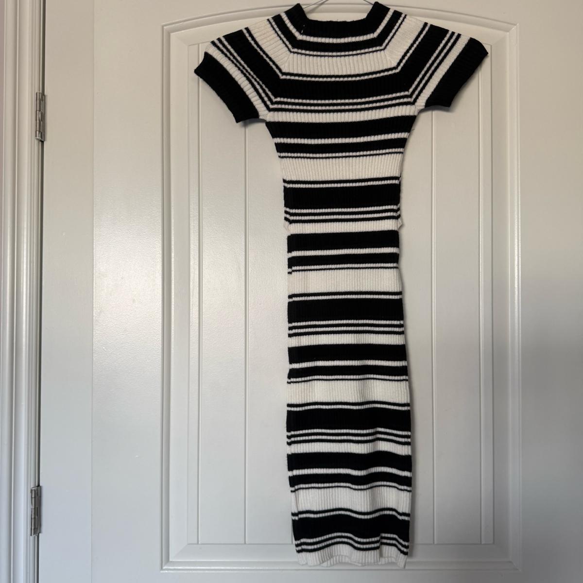 Brand New Ribbed Knit Black  Cream Striped Wrap Midi Dress - Los Angeles, California - FleaMarketBay