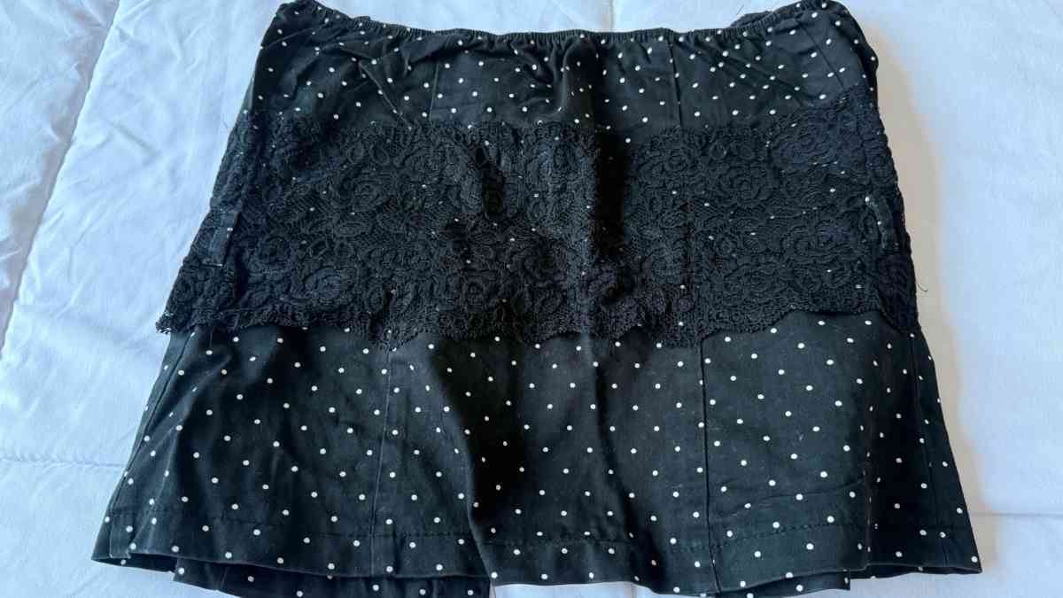 Black Polka Dot Strapless Peplum Top with Lace Overlay  Butt - Los Angeles, California