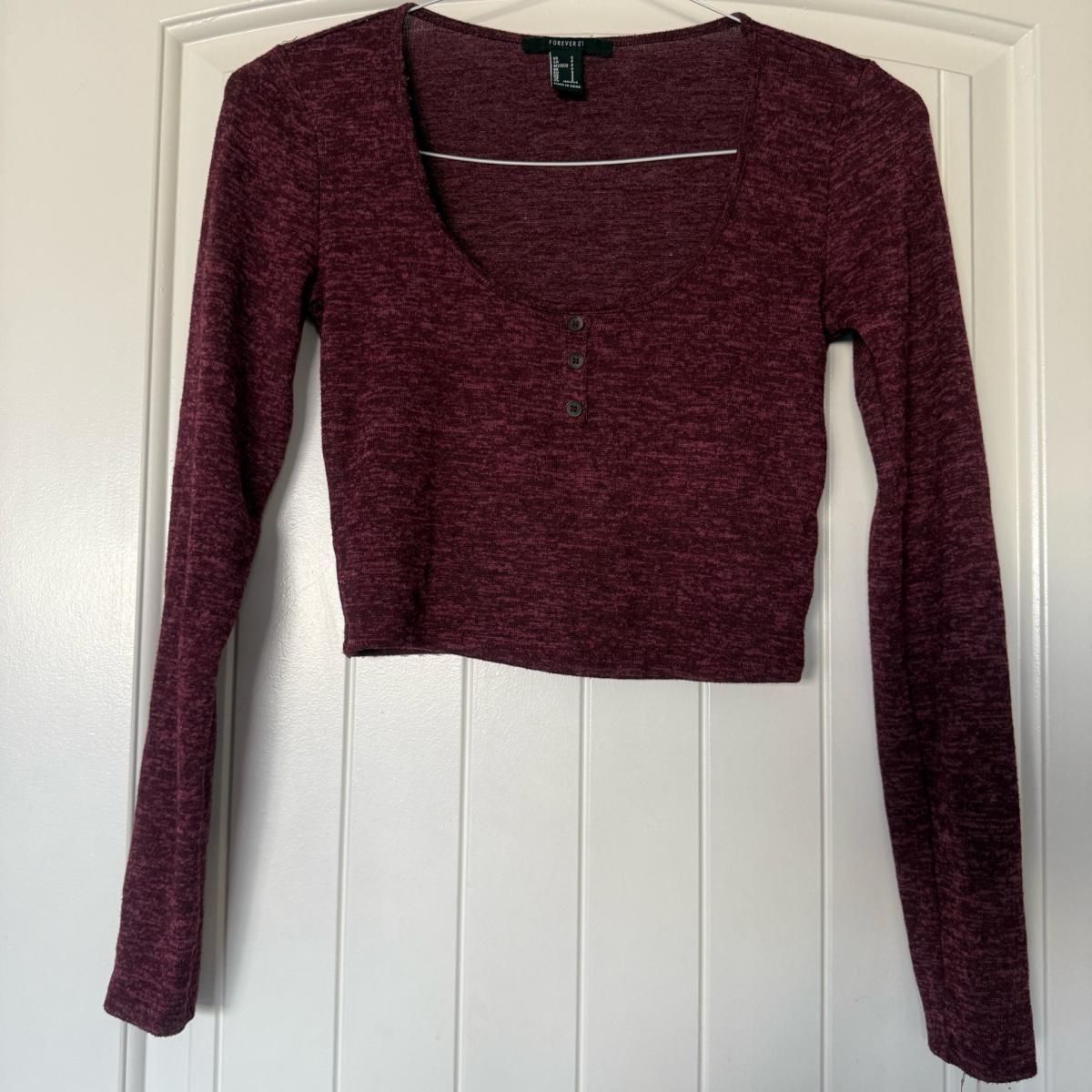 Forever 21 Burgundy Marled Cropped Henley Top  Long Sleeve S - Los Angeles, California