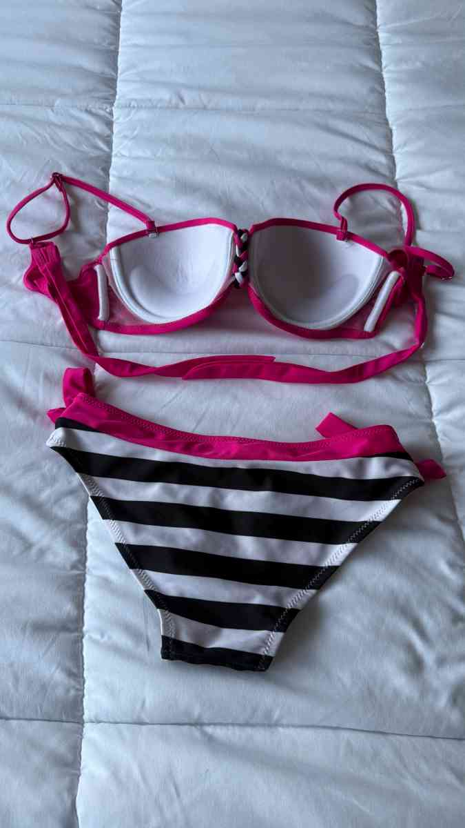 Hot Pink  Black Striped Bikini Set  Padded Bra Top with Brai - Los Angeles, California - FleaMarketBay