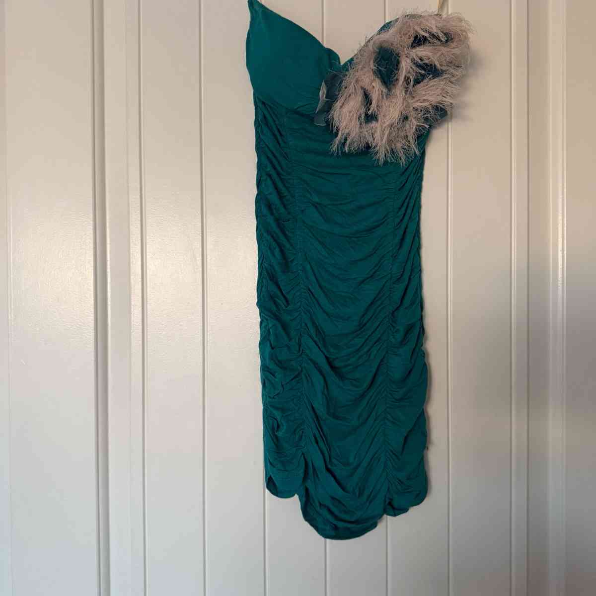 Teal Strapless Ruched Cocktail Dress with Feather Trim - Los Angeles, California