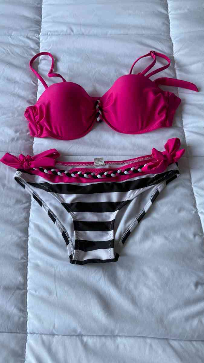 Hot Pink  Black Striped Bikini Set  Padded Bra Top with Brai - Los Angeles, California - FleaMarketBay