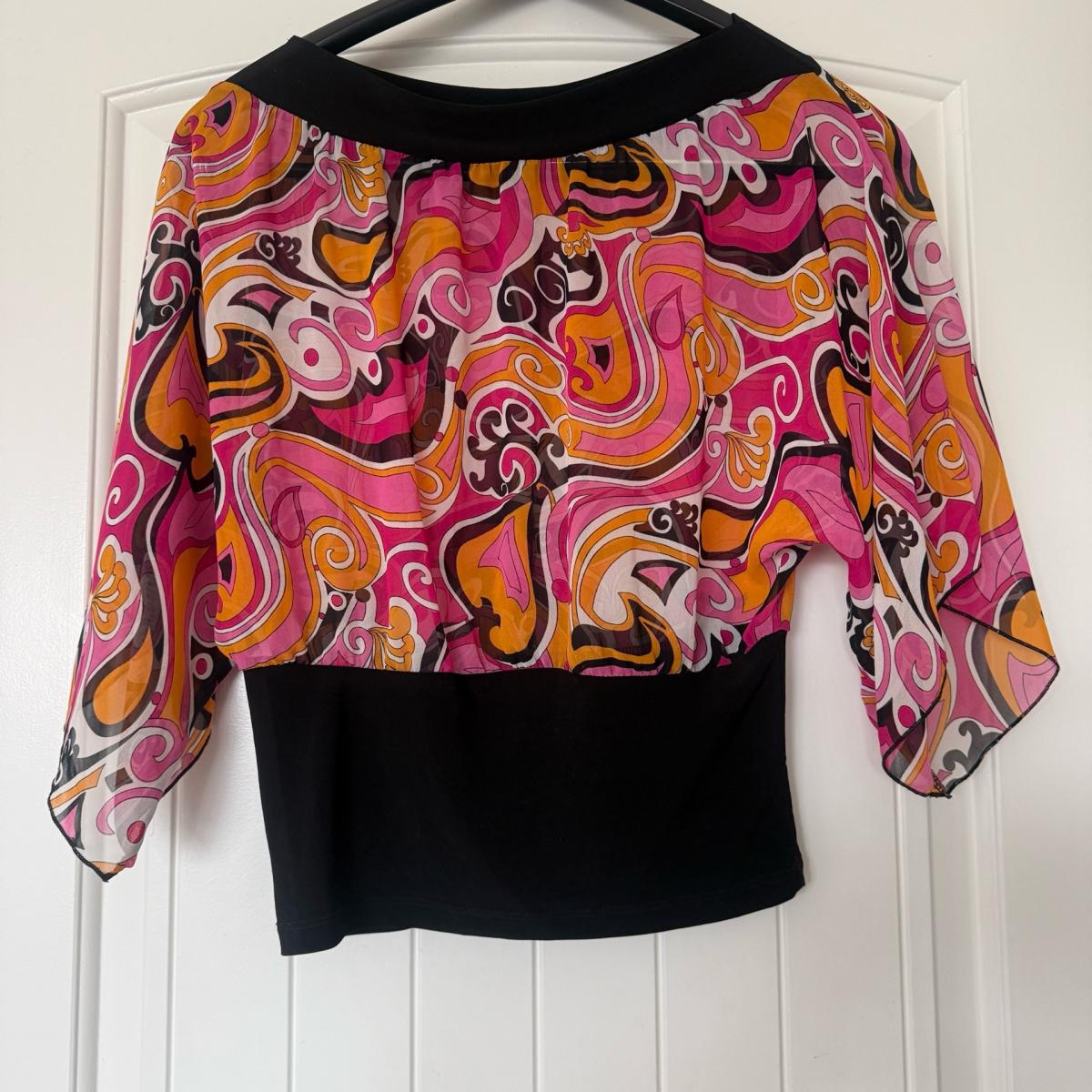 Retro Pink  Orange Paisley OffShoulder Blouse  Sheer Chiffon - Los Angeles, California