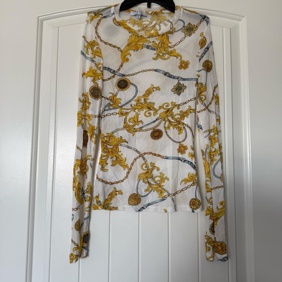 Gold Baroque Chain Print Sheer Mesh Long Sleeve Top  Size Sm - Los Angeles, California