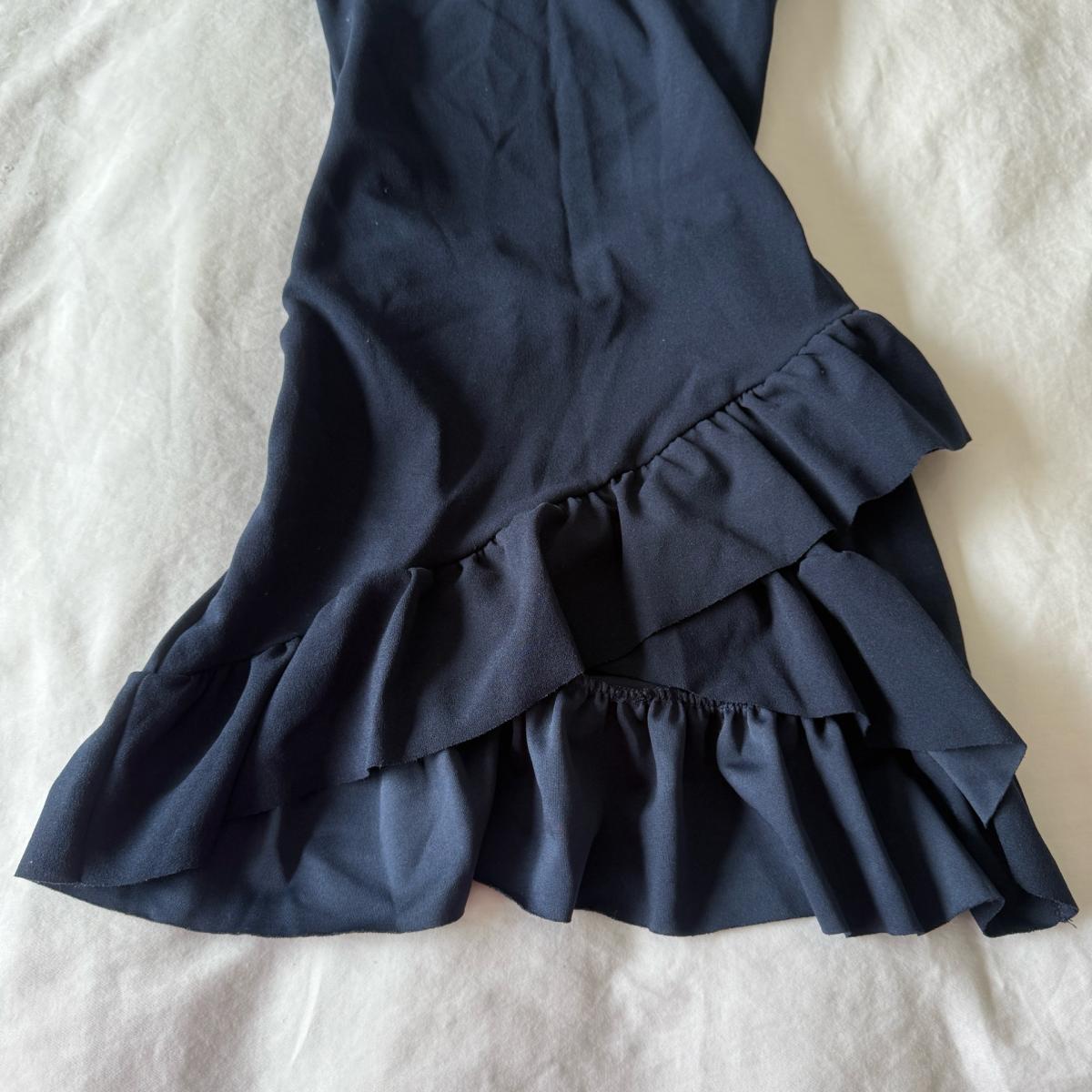 Elegant Navy Bodycon Mini Dress with Layered Ruffle Hem - Adelanto, California - FleaMarketBay