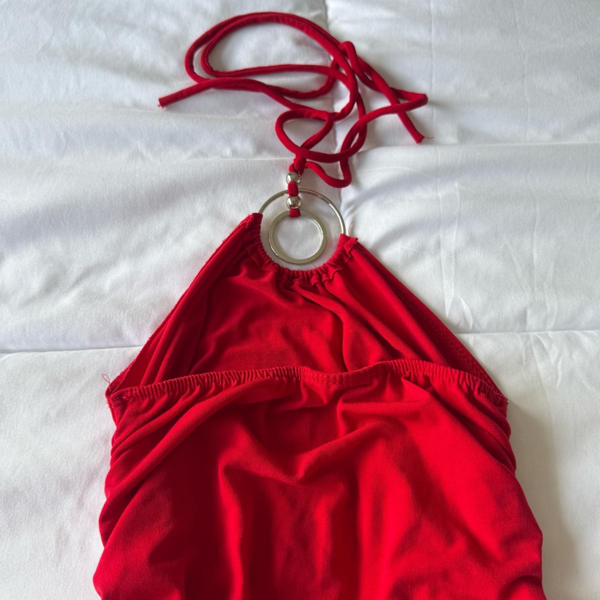 Bold Red Ruched Halter Tank with Metal Ring Detail S - Los Angeles, California - FleaMarketBay