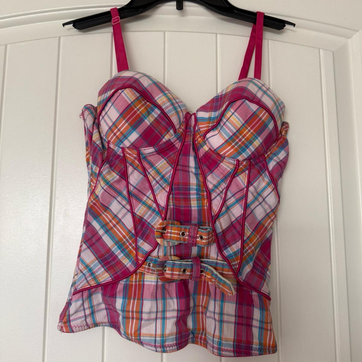 Pink Plaid Corset Bustier Top  Y2K Structured Boned Crop w B