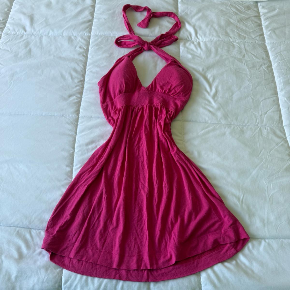 Hot Pink Halter Babydoll Mini Dress  XS  Open Back Tie Neck
