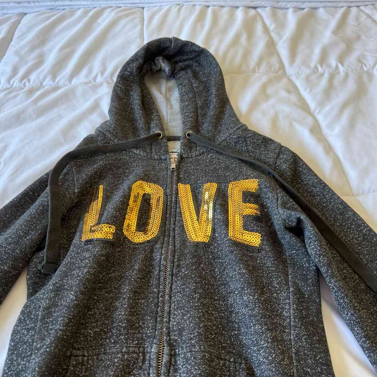 Womens Charcoal ZipUp Hoodie with Gold Sequin LOVE Graphic - Los Angeles, California - FleaMarketBay