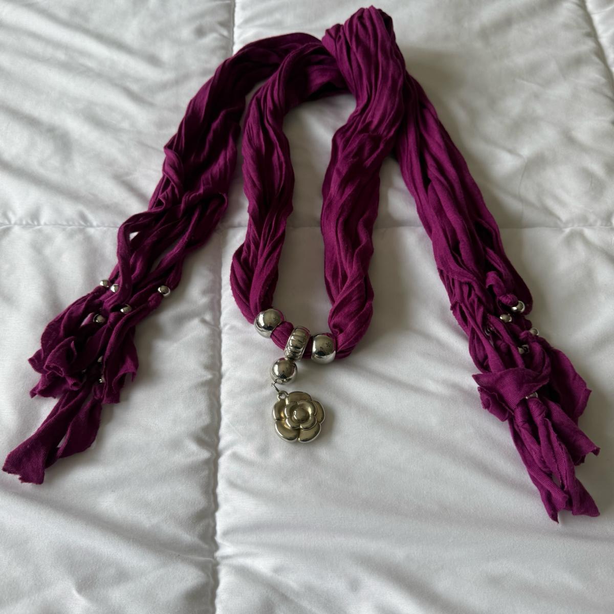 Magenta Statement Scarf Necklace with Silver Beads  Floral P - Los Angeles, California - FleaMarketBay