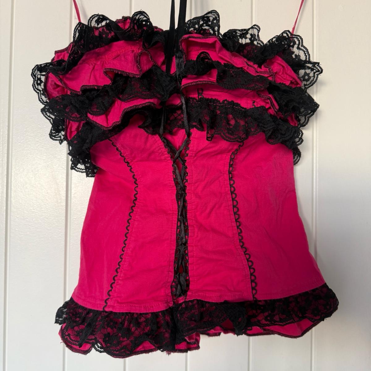 Strapless Hot Pink  Black Lace Ruffled Bustier Top  Padded - Los Angeles, California - FleaMarketBay