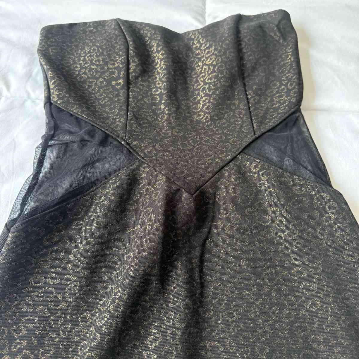 Strapless Black  Gold Animal Print Bodycon Dress with Mesh S - Los Angeles, California - FleaMarketBay