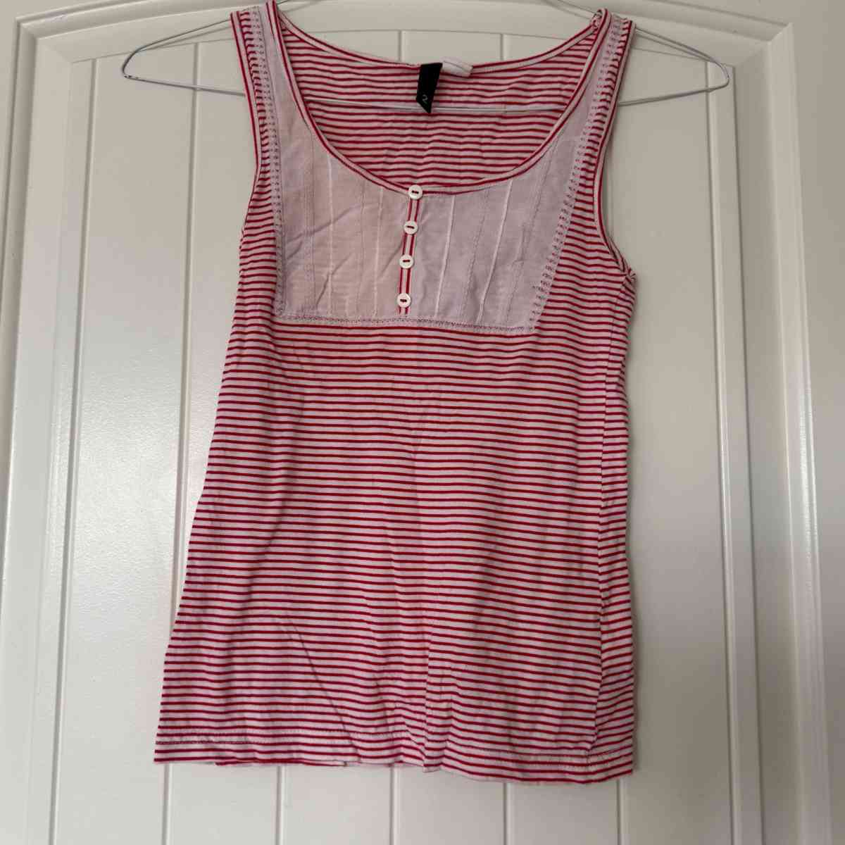 Red  White Striped Sleeveless Tank Top with Button Front - Los Angeles, California