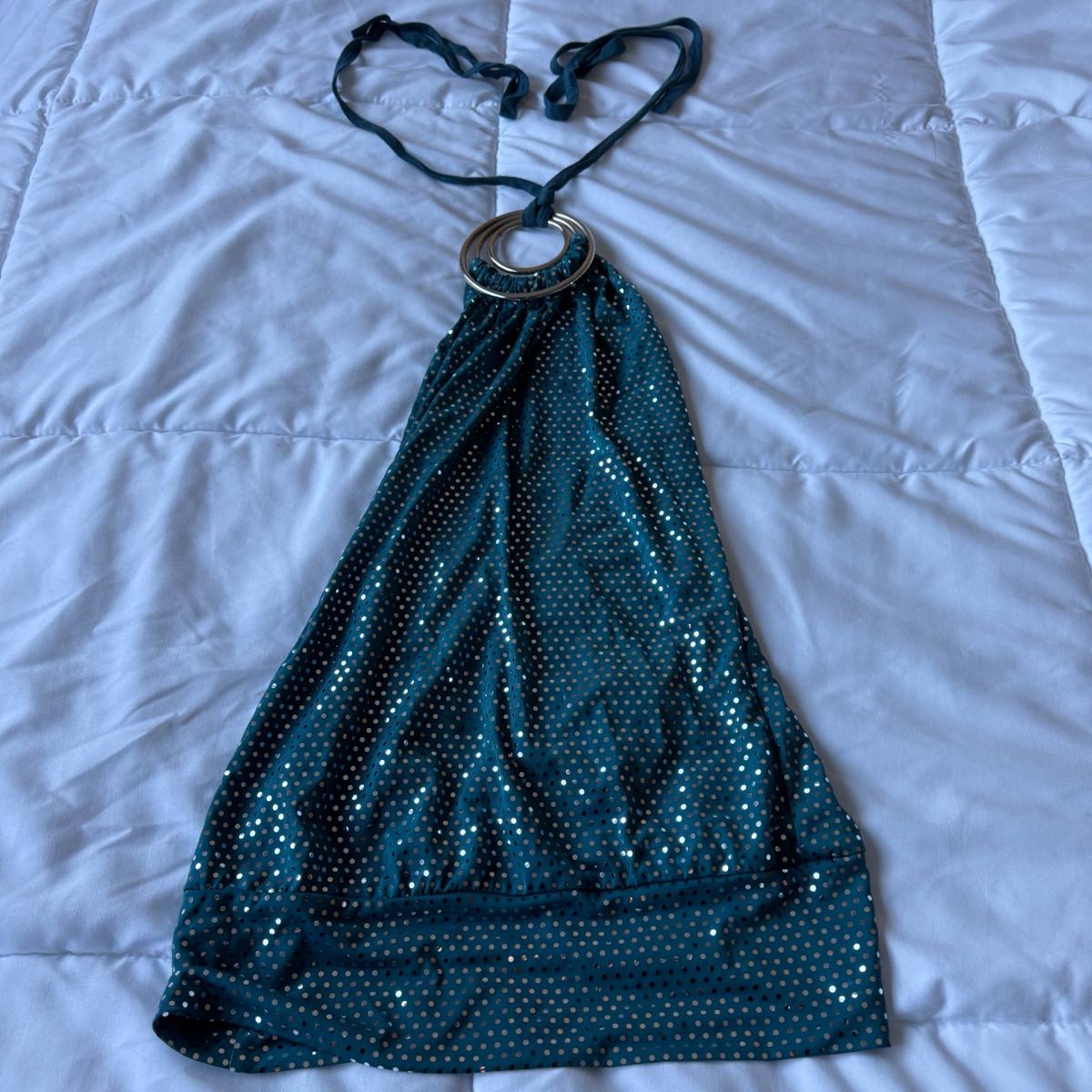 Teal Metallic Polka Dot Halter Top with Silver Ring Detail