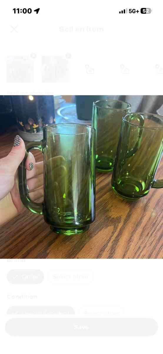 3 Piece Set Of Green Glass Mugs - Rothschild, Wisconsin - FleaMarketBay