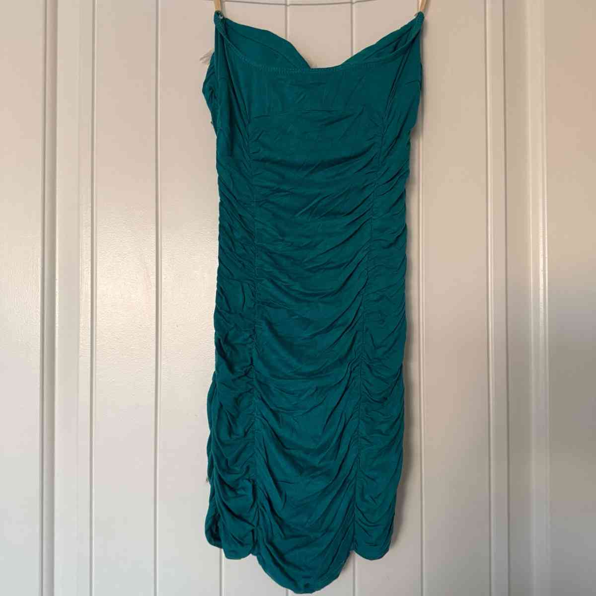 Teal Strapless Ruched Cocktail Dress with Feather Trim - Los Angeles, California - FleaMarketBay