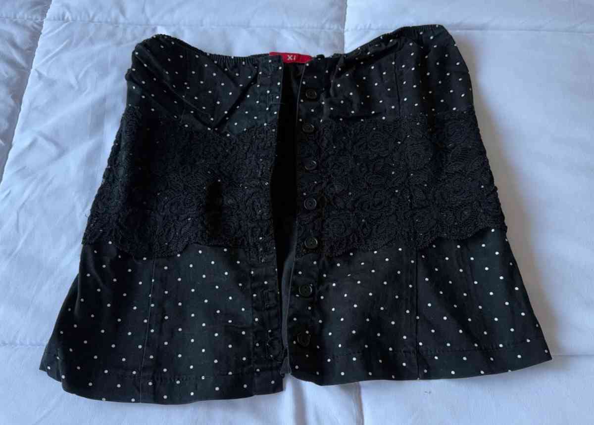 Black Polka Dot Strapless Peplum Top with Lace Overlay  Butt - Los Angeles, California - FleaMarketBay