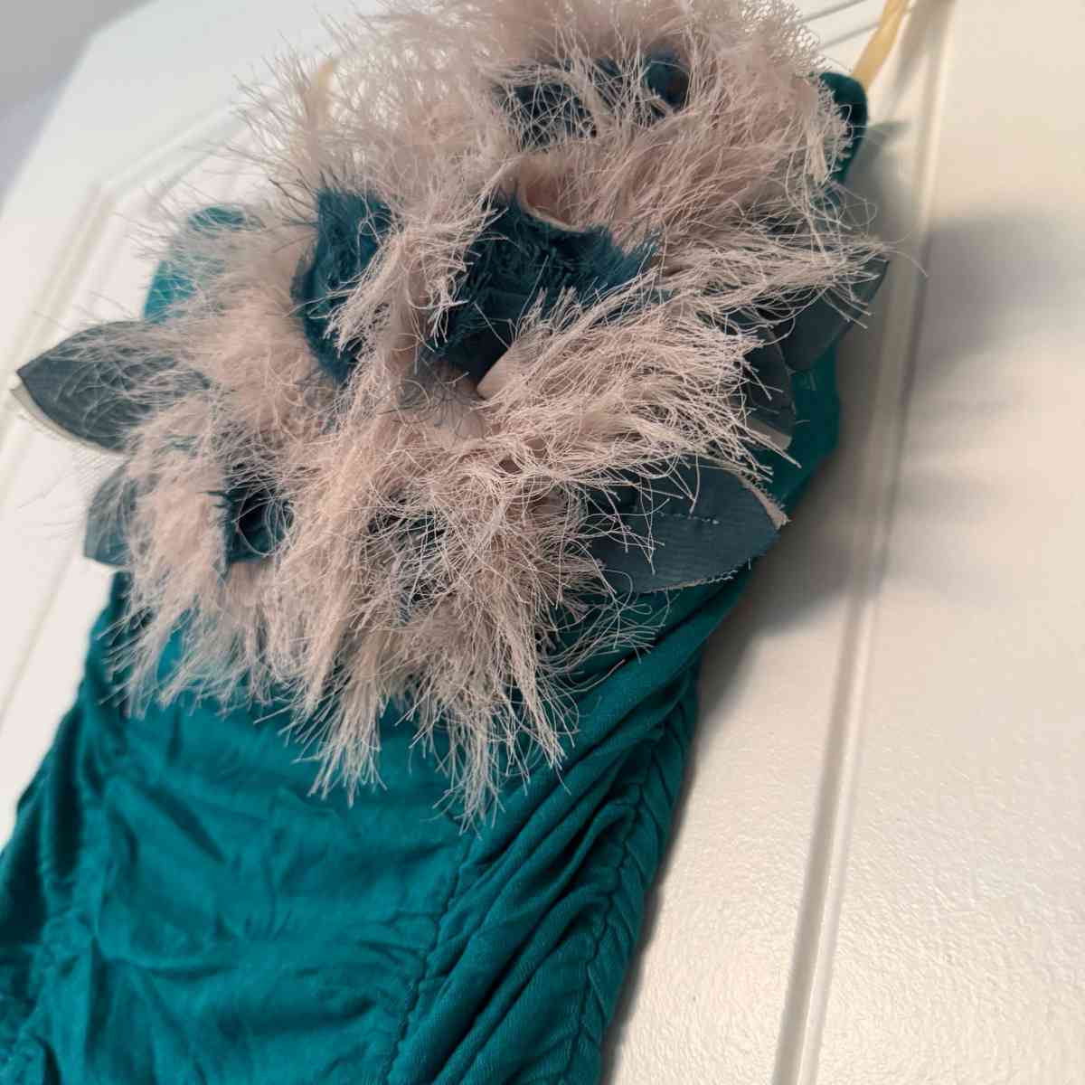 Teal Strapless Ruched Cocktail Dress with Feather Trim - Los Angeles, California - FleaMarketBay