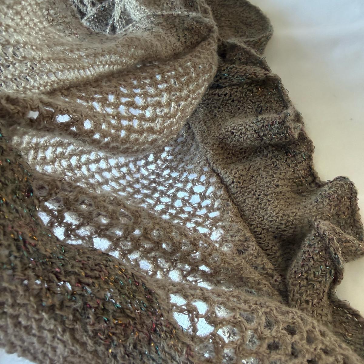 Taupe Metallic Knit Infinity Scarf with Ruffled Edge - Los Angeles, California - FleaMarketBay