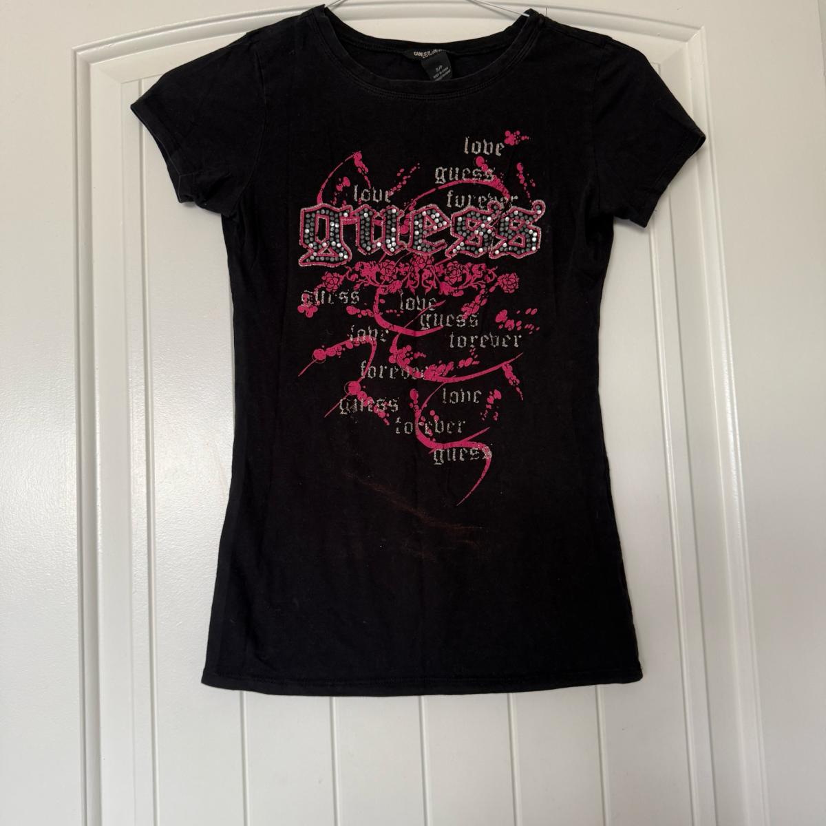 GUESS Jeans Womens Black Rhinestone Logo Graphic Tee Small Y - Los Angeles, California - FleaMarketBay
