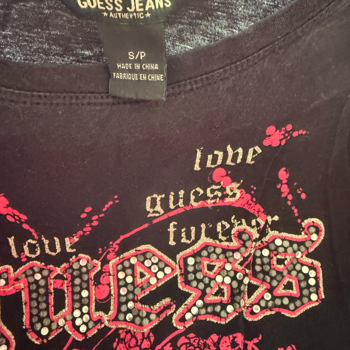GUESS Jeans Womens Black Rhinestone Logo Graphic Tee Small Y - Los Angeles, California - FleaMarketBay