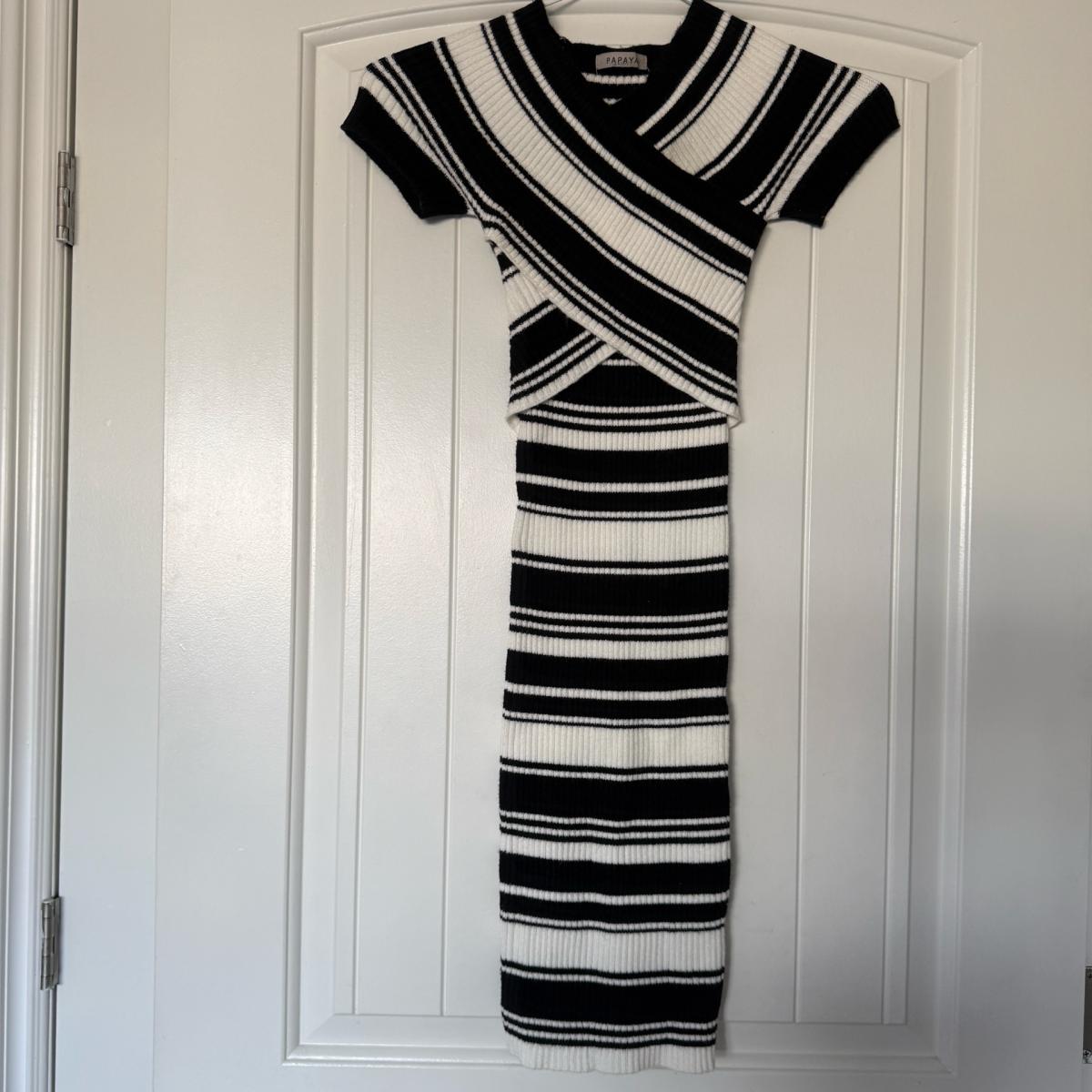 Brand New Ribbed Knit Black  Cream Striped Wrap Midi Dress - Los Angeles, California - FleaMarketBay