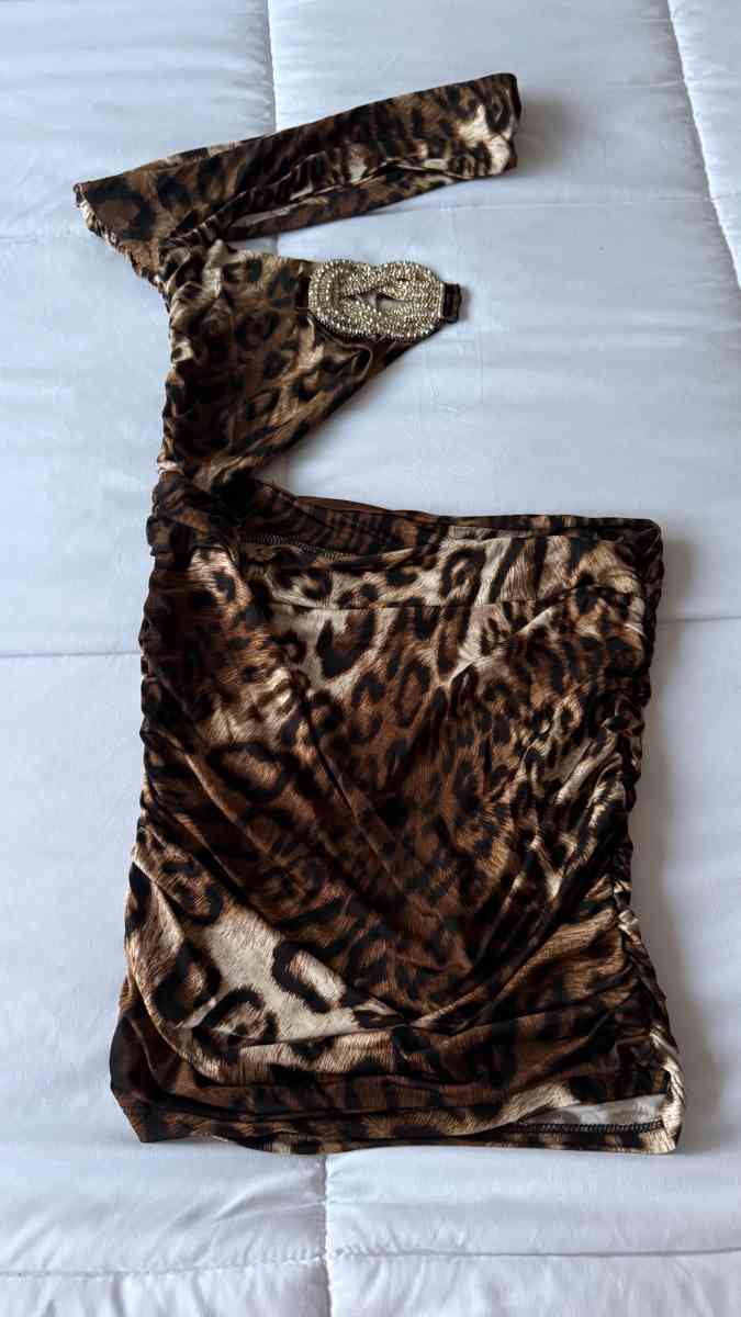 Leopard Print OneShoulder CutOut Mini Dress with Rhinestone - Los Angeles, California - FleaMarketBay