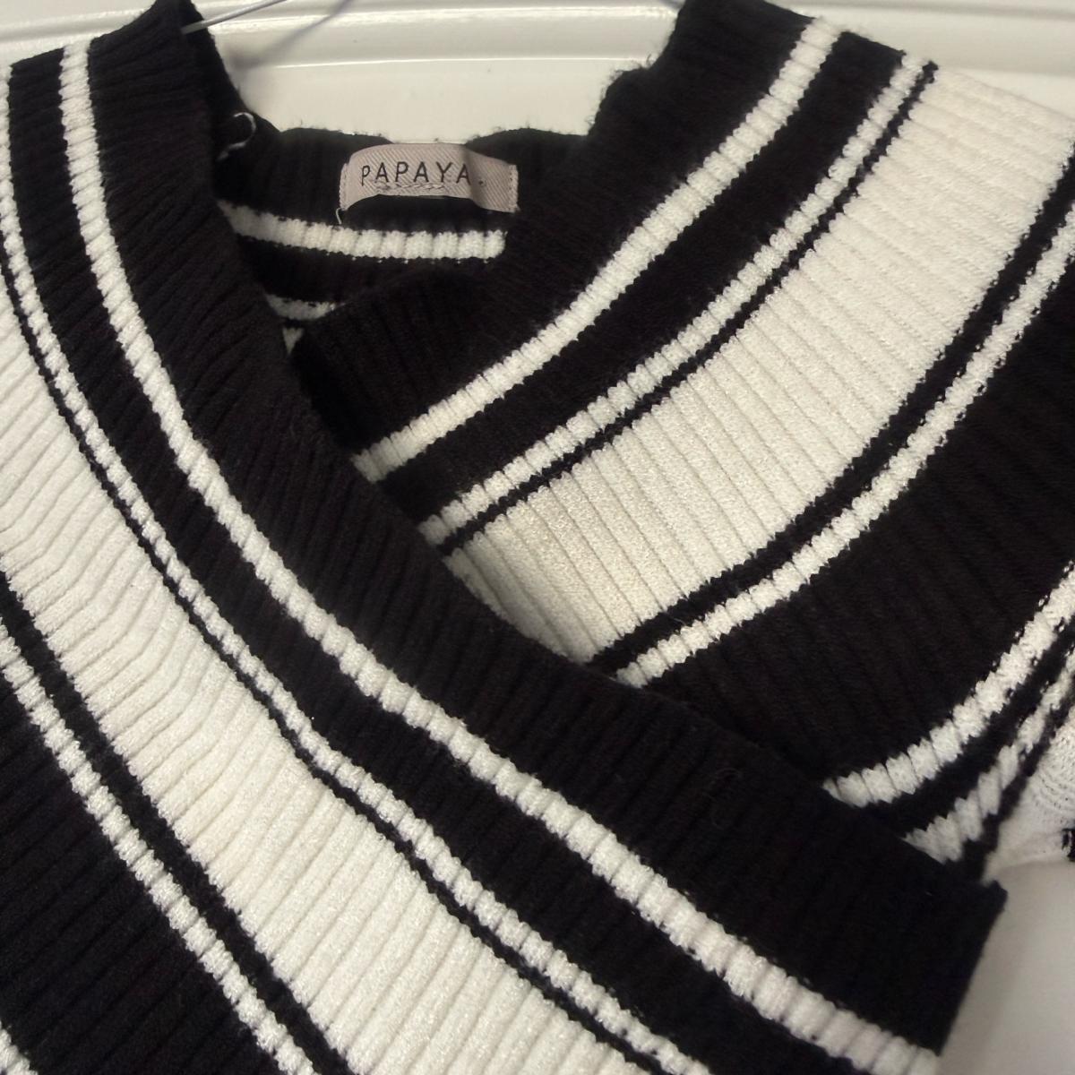 Brand New Ribbed Knit Black  Cream Striped Wrap Midi Dress - Los Angeles, California - FleaMarketBay