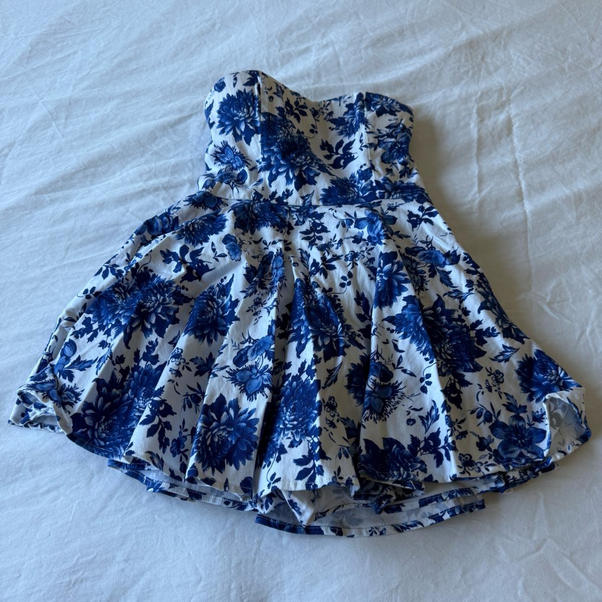 Blue Toile Floral Strapless Skater Dress  Fit  Flare Party - Los Angeles, California - FleaMarketBay