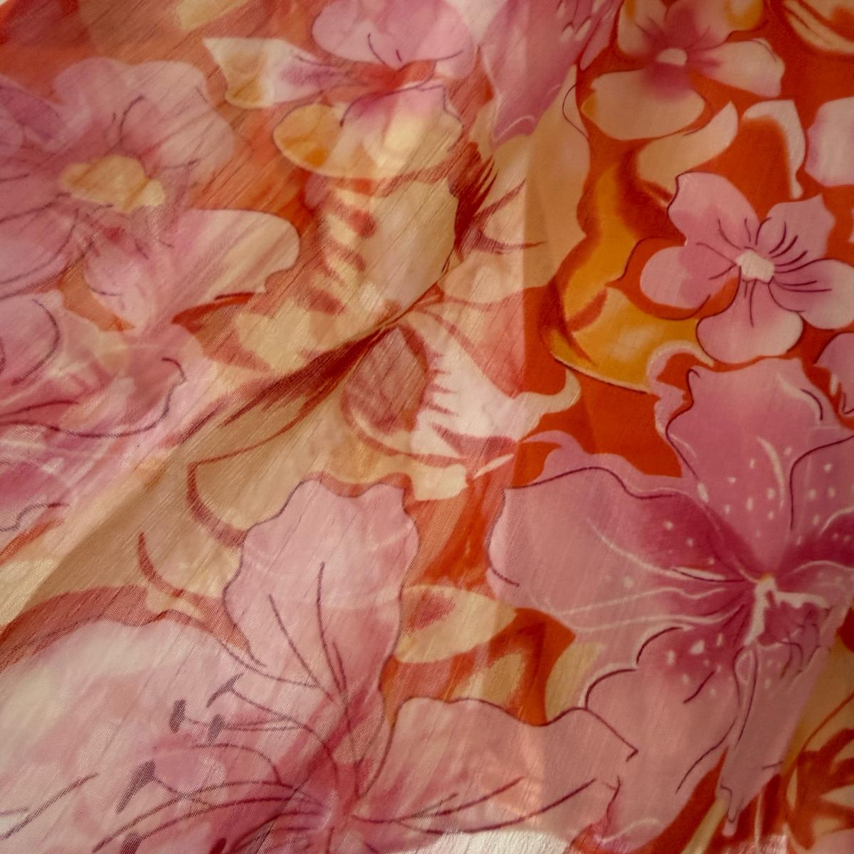 Vibrant Orange  Pink Floral Chiffon Dress with Satin Waistba - Los Angeles, California - FleaMarketBay