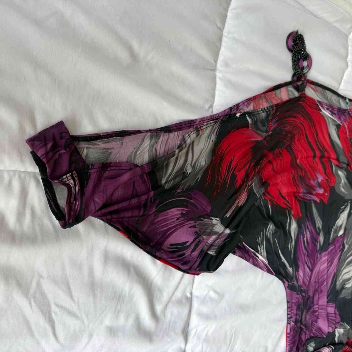 Brand New OneShoulder Ruched Longline Top  Red  Purple Abstr - Los Angeles, California - FleaMarketBay