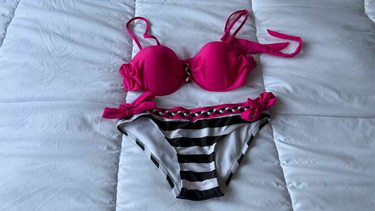 Hot Pink  Black Striped Bikini Set  Padded Bra Top with Brai - Los Angeles, California - FleaMarketBay