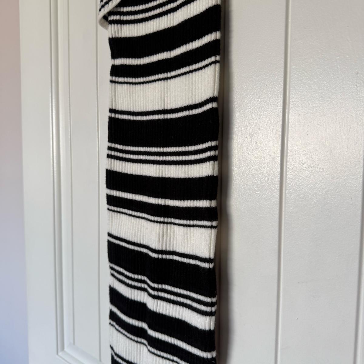 Brand New Ribbed Knit Black  Cream Striped Wrap Midi Dress - Los Angeles, California - FleaMarketBay
