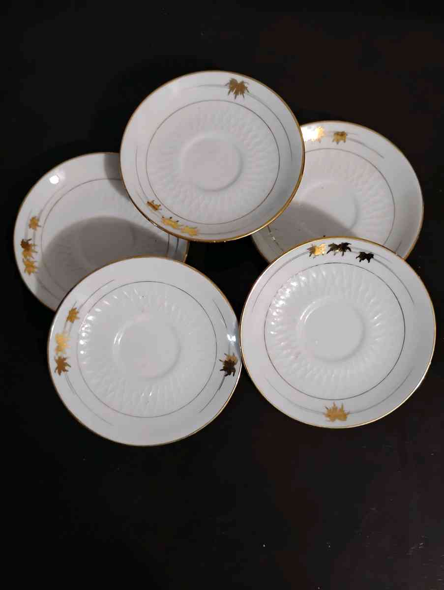 Set of 5 white with gold trim teacup saucers
