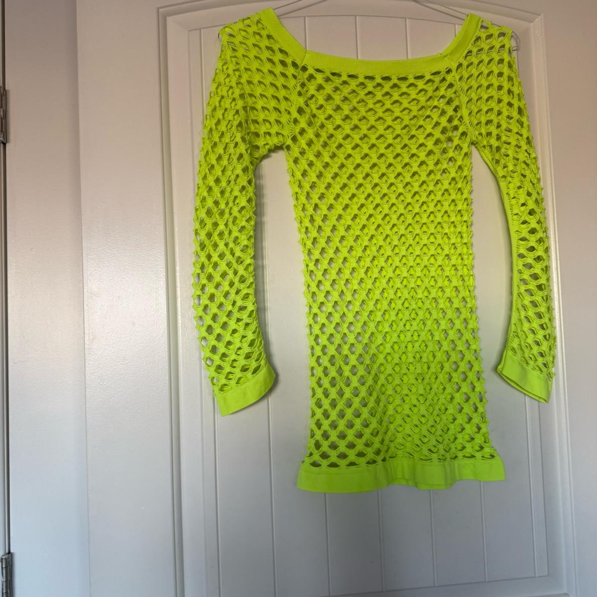 Neon Lime Green Fishnet Mesh Long Sleeve Tunic  Y2K Festival - Los Angeles, California