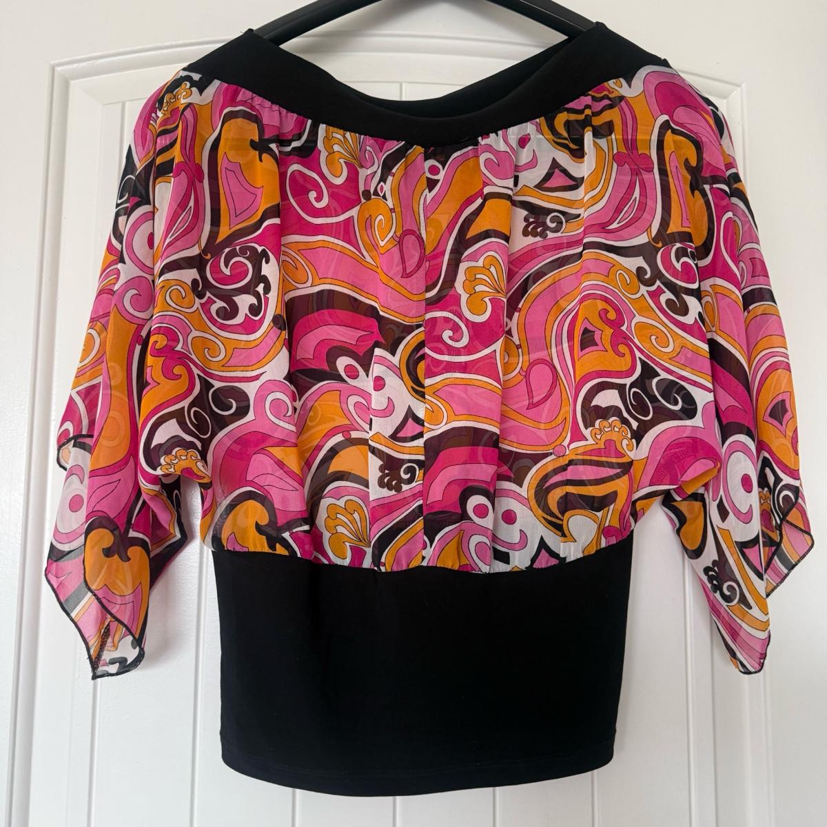 Retro Pink  Orange Paisley OffShoulder Blouse  Sheer Chiffon - Los Angeles, California - FleaMarketBay