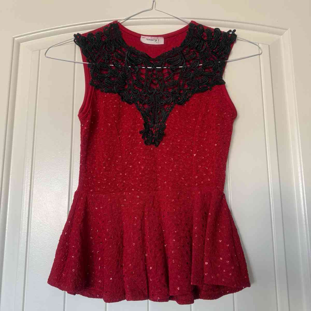 New Red Peplum Top with Black Lace Statement Neckline S - Los Angeles, California - FleaMarketBay